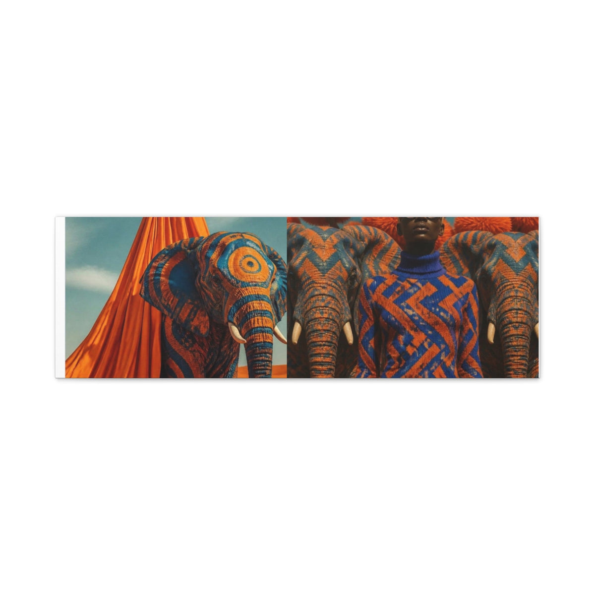 PURETE matte canvas featuring a split-view artistic print of elephants and a person in matching orange and blue patterns