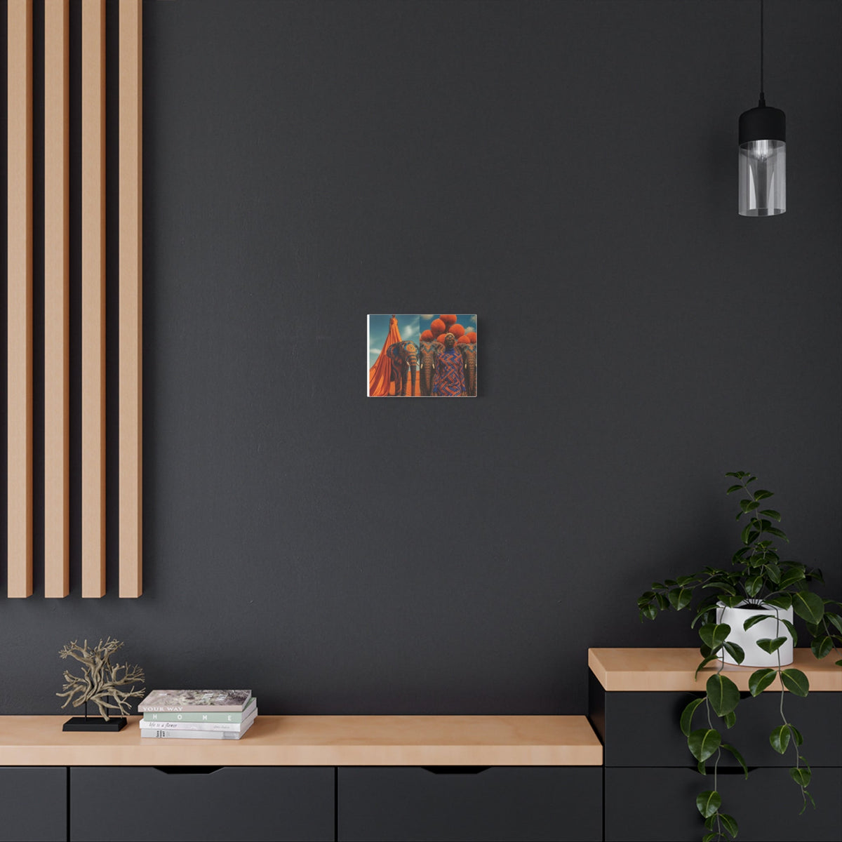 PURETE matte canvas featuring an elephant art print, displayed on a dark grey wall above a wooden console table.