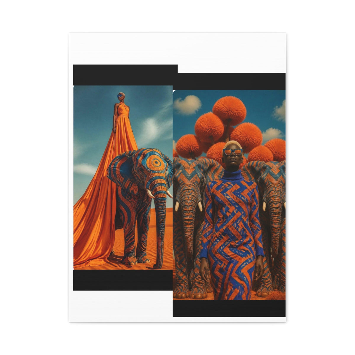 PURETE matte canvas featuring surreal artwork of a model in orange and blue patterns with elephants in a desert.