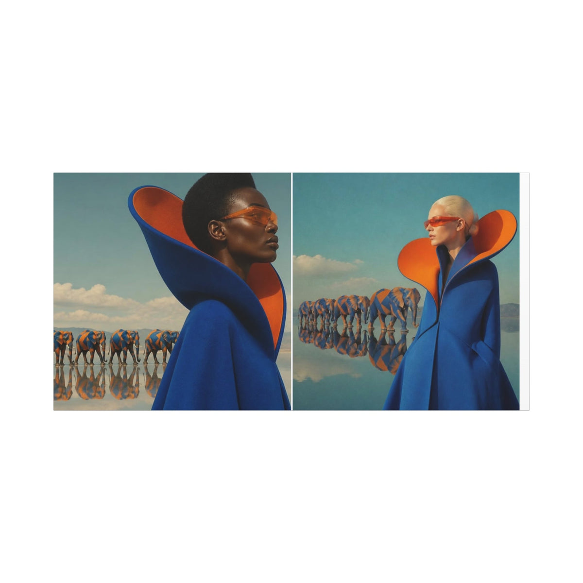 PURETE matte canvas print featuring two models in blue coats and orange collars with elephants in a surreal landscape.