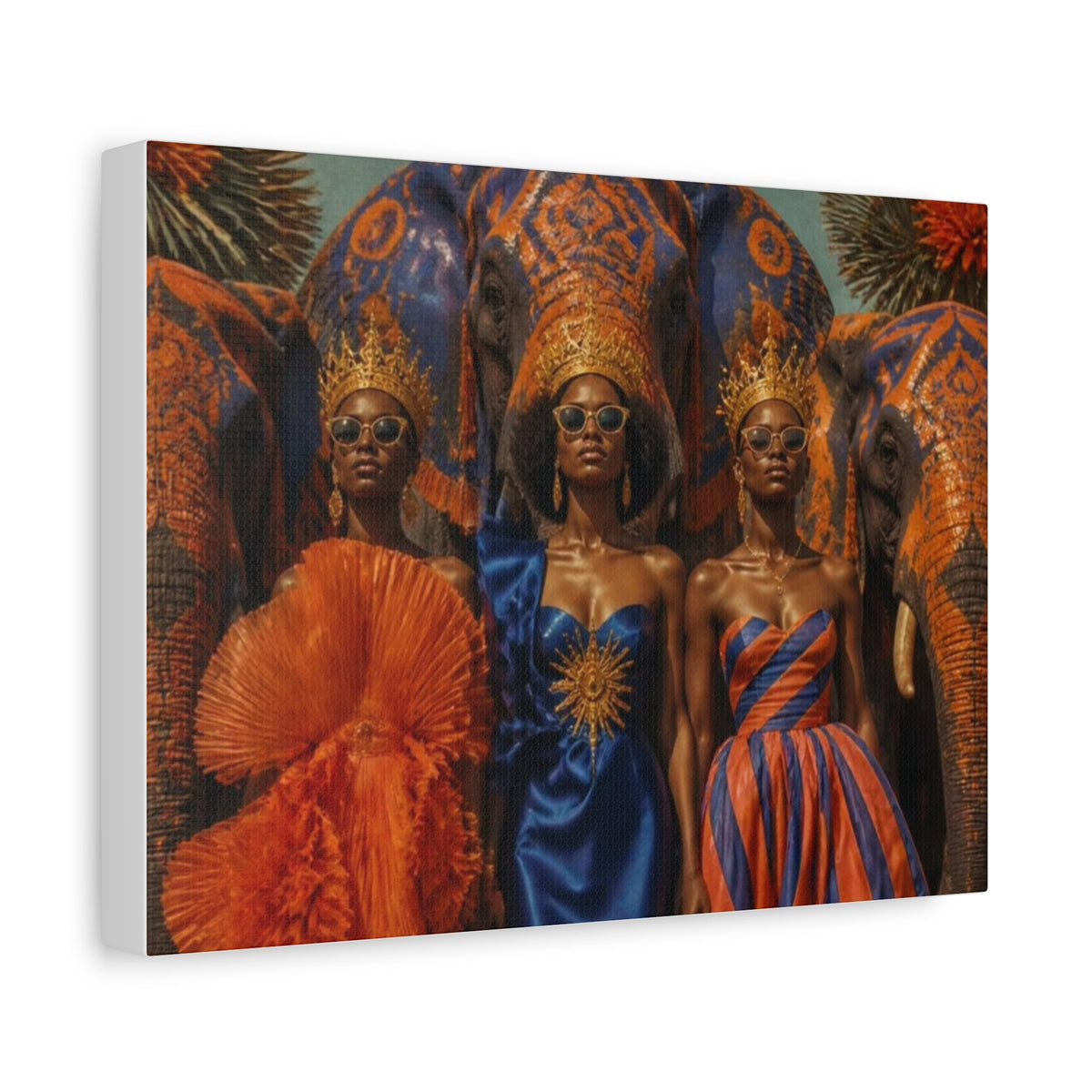 PURETE matte stretched canvas featuring three women in crowns and sunglasses standing before decorated elephants.