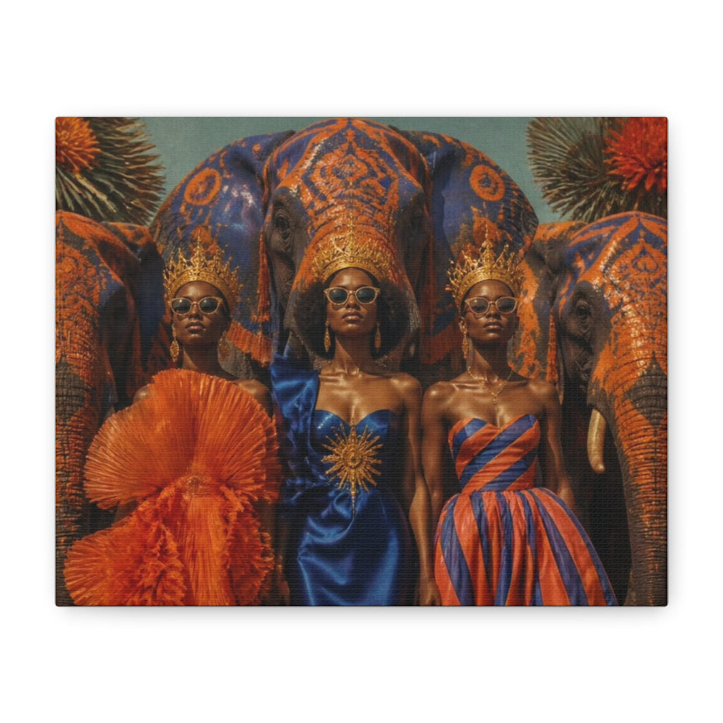 PURETE matte canvas featuring three women in crowns and gowns standing before ornate elephants in a vibrant scene.