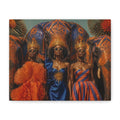 PURETE matte canvas featuring three women in crowns and gowns standing before ornate elephants in a vibrant scene.