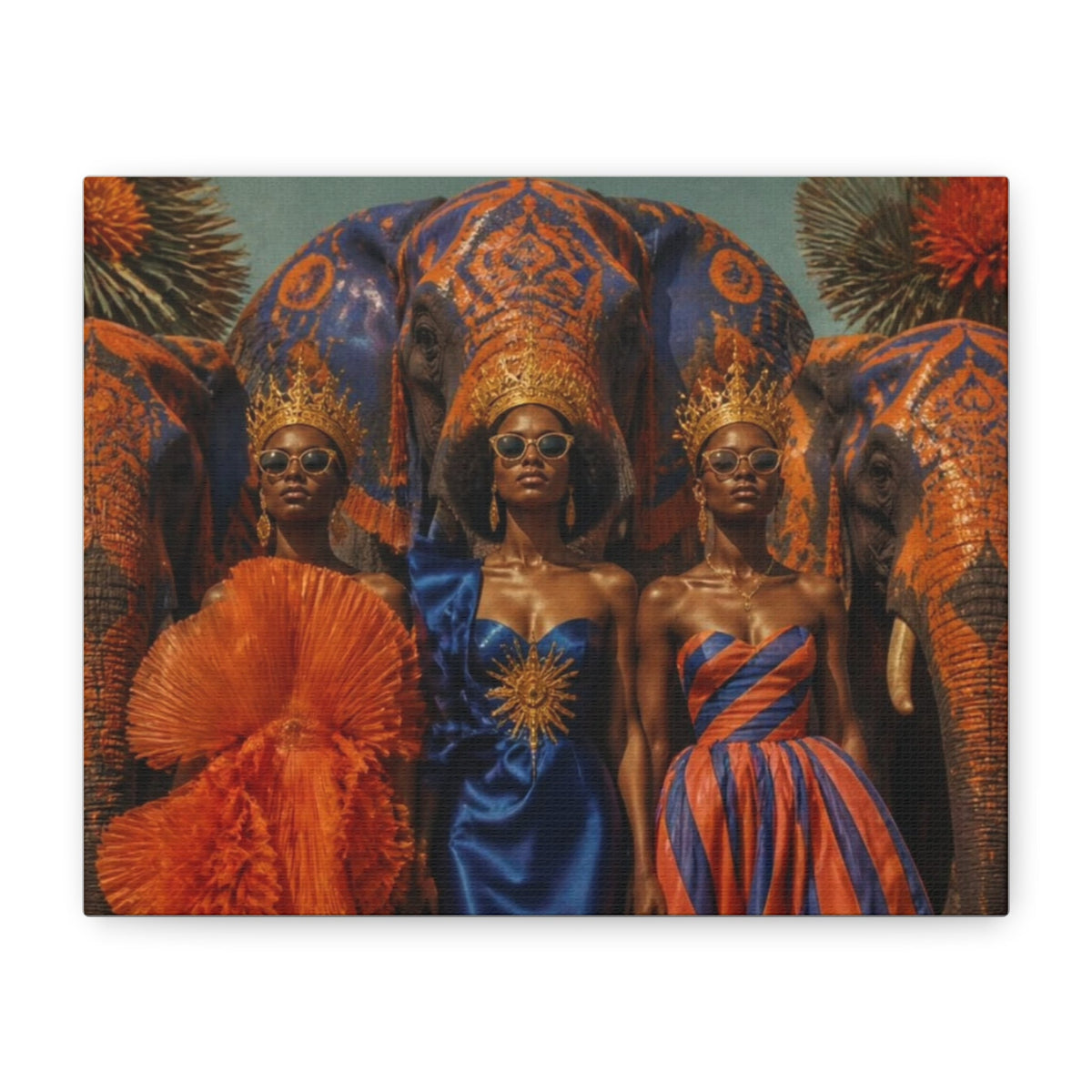 PURETE matte canvas featuring three women in crowns and gowns standing before ornate elephants in a vibrant scene.