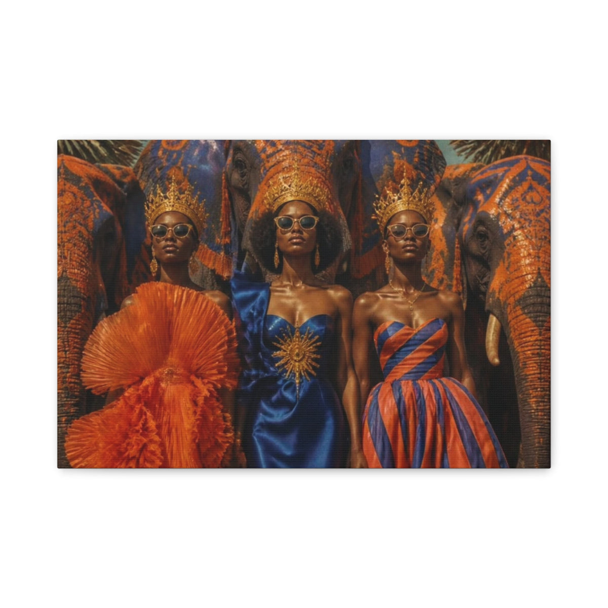 PURETE matte canvas print featuring three regal women in crowns and vibrant gowns standing before decorated elephants.