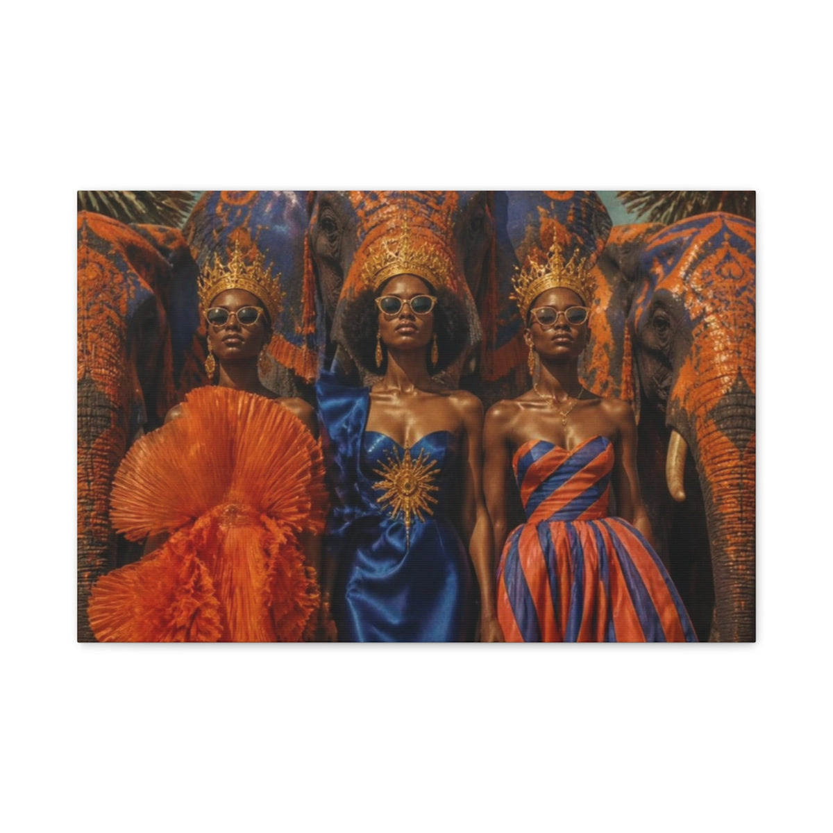 PURETE matte canvas print featuring three regal women in vibrant gowns and gold crowns standing before painted elephants