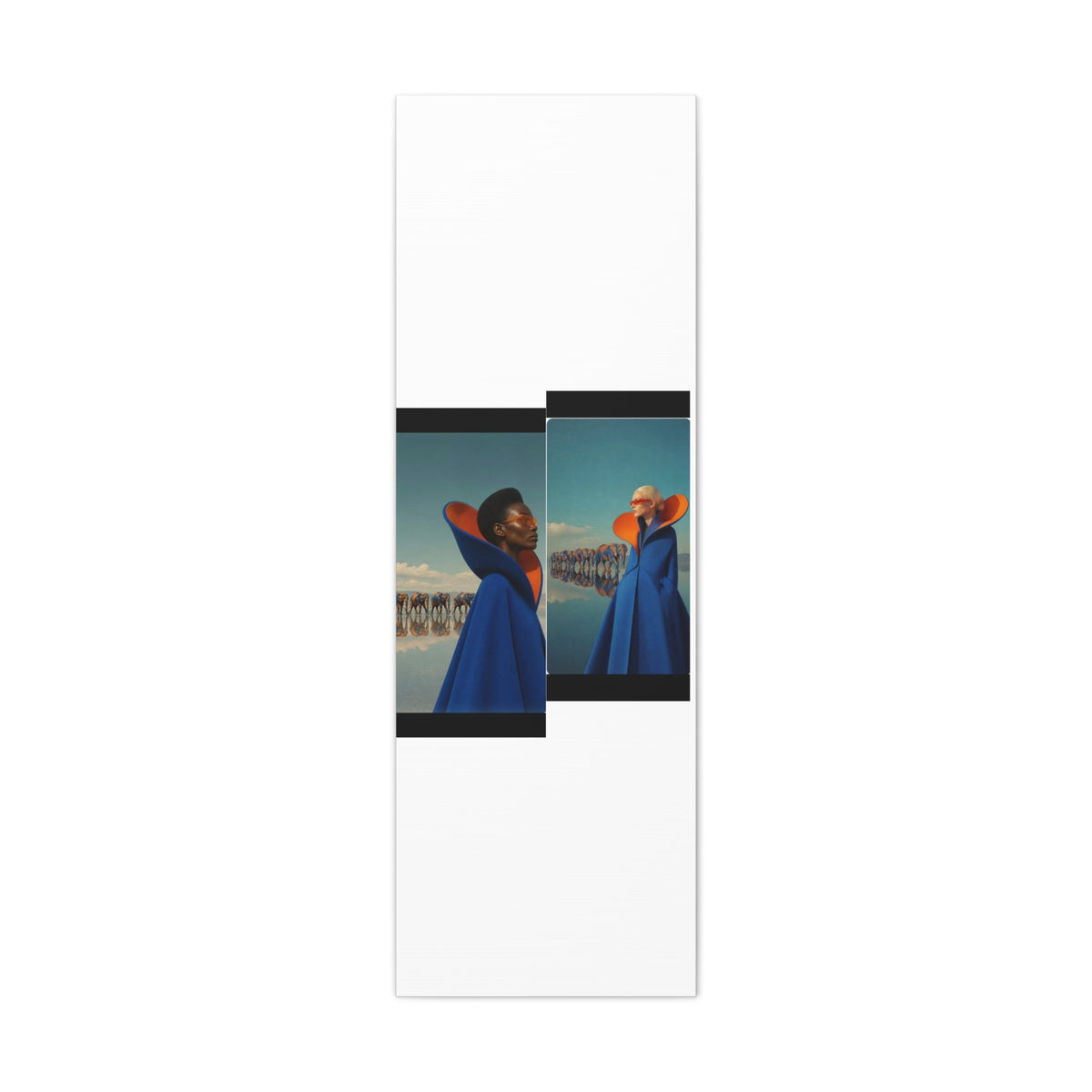 PURETE matte stretched canvas featuring a surreal fashion art print of two models in blue capes with orange collars.