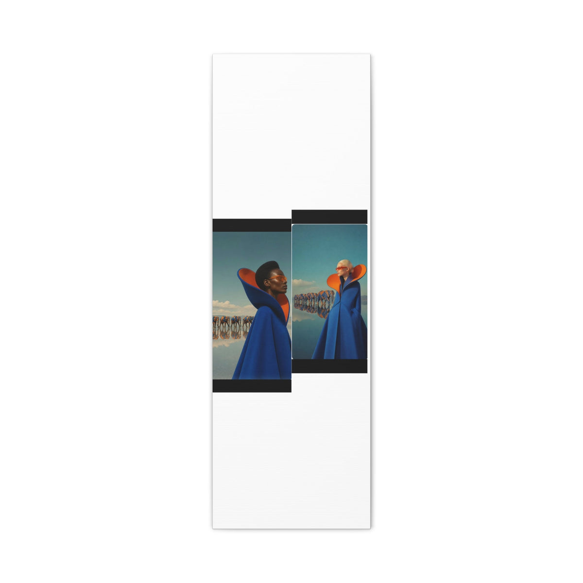PURETE matte canvas print featuring a surreal fashion photograph of two models in blue capes against a desert sky.