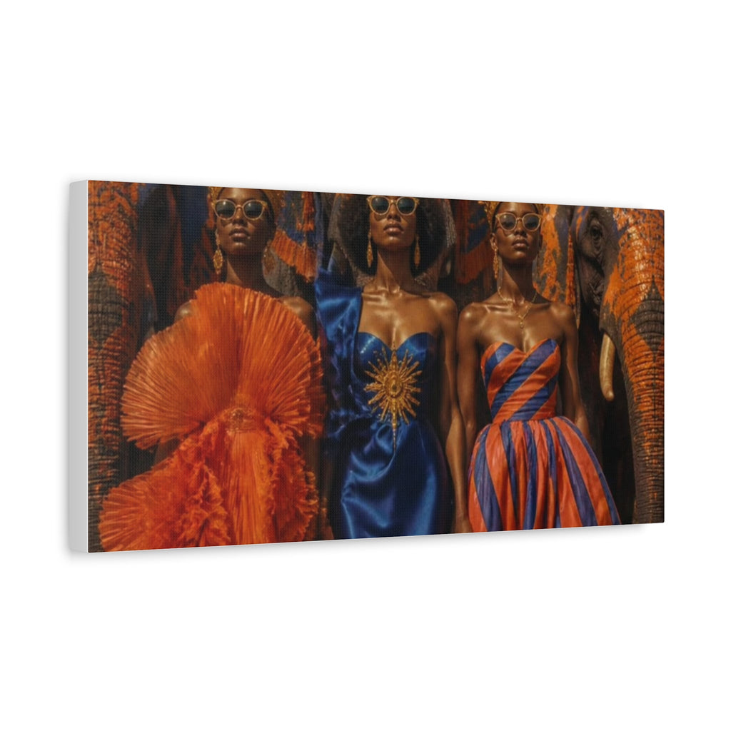 PURETE matte canvas print featuring three women in vibrant dresses standing in front of elephants.