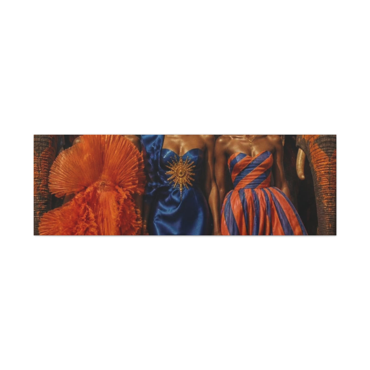 PURETE matte canvas print featuring three women in vibrant orange and blue high-fashion dresses.