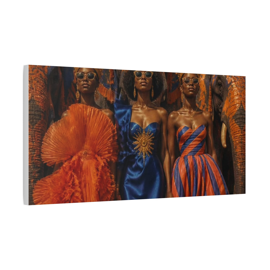 PURETE matte canvas print featuring three women in vibrant fashion standing before elephants, 1.25 inch depth.
