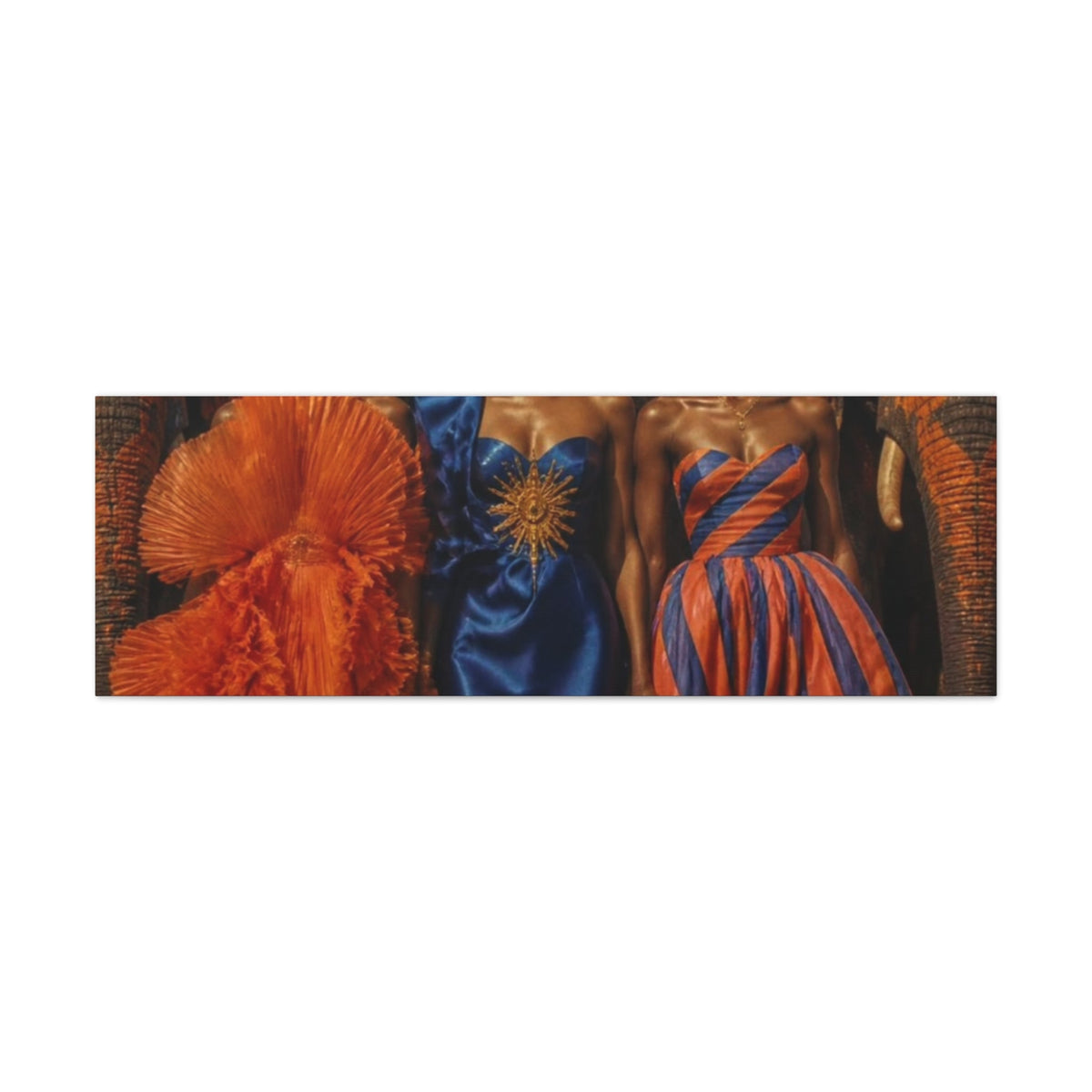 PURETE matte canvas print featuring three models in vibrant orange and blue high-fashion dresses.