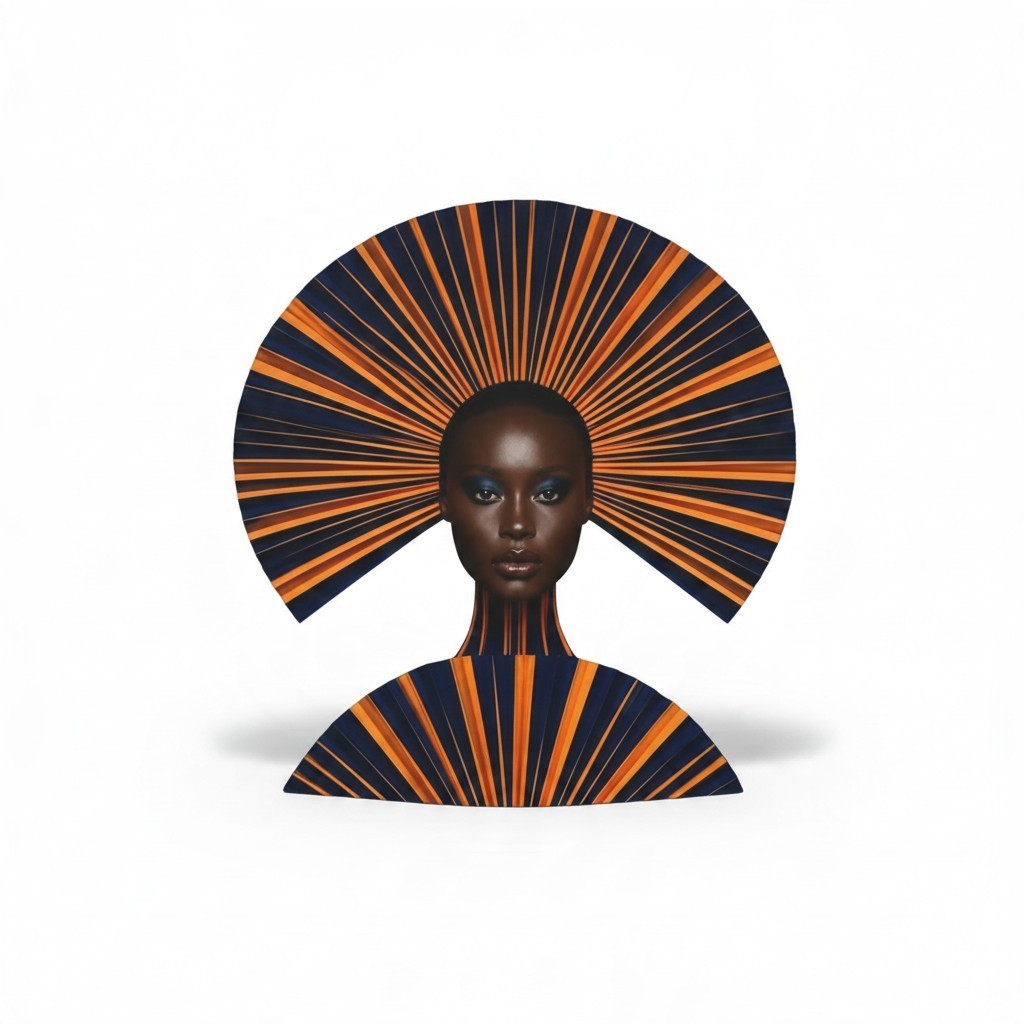 PURETE matte canvas print featuring a striking portrait of a woman with a geometric orange and navy fan-like headdress