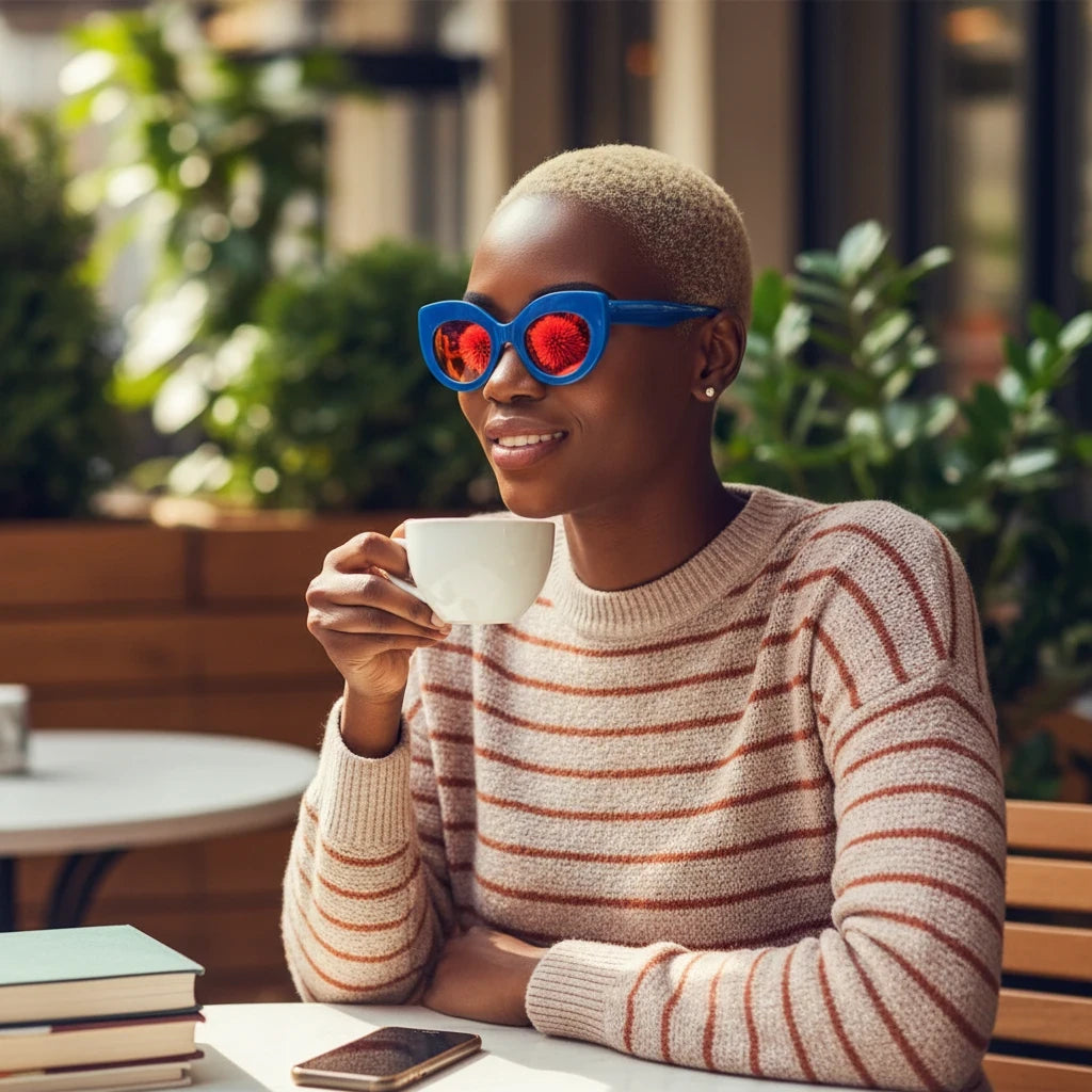 PURETE branded matte canvas print featuring a woman with short hair wearing blue sunglasses drinking coffee at a cafe