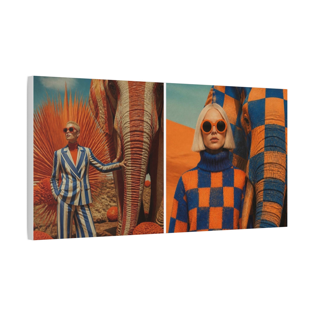 PURETE matte canvas featuring a split-panel print of a woman in a striped suit and a woman in a checkered sweater.