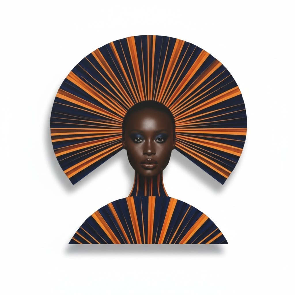 PURETE matte canvas featuring a portrait of a woman with a striking orange and navy blue sunburst headpiece