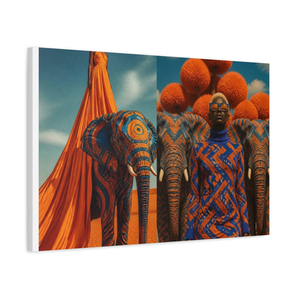 PURETE matte canvas print featuring a surreal desert scene with patterned elephants and a woman in an orange dress.