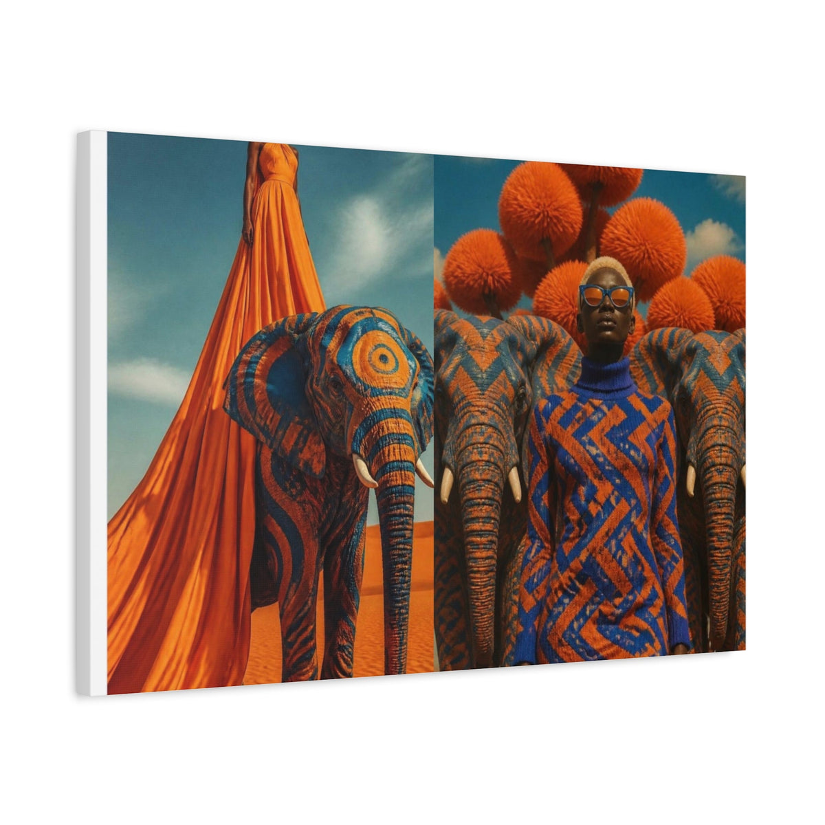 PURETE matte canvas print featuring a surreal desert scene with patterned elephants and a woman in an orange dress.