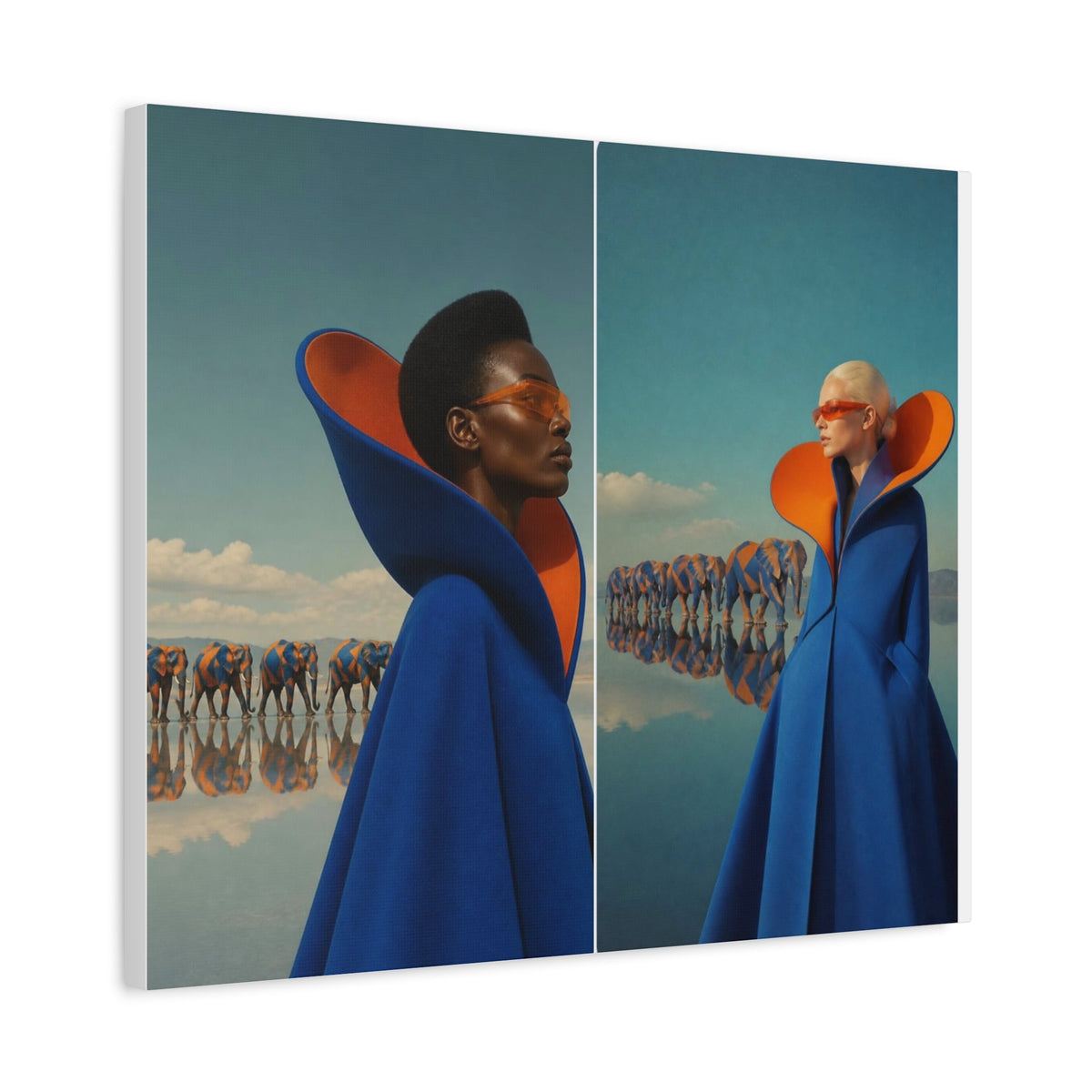 PURETE matte canvas featuring a surreal diptych of two models in blue capes and orange collars with elephant silhouettes