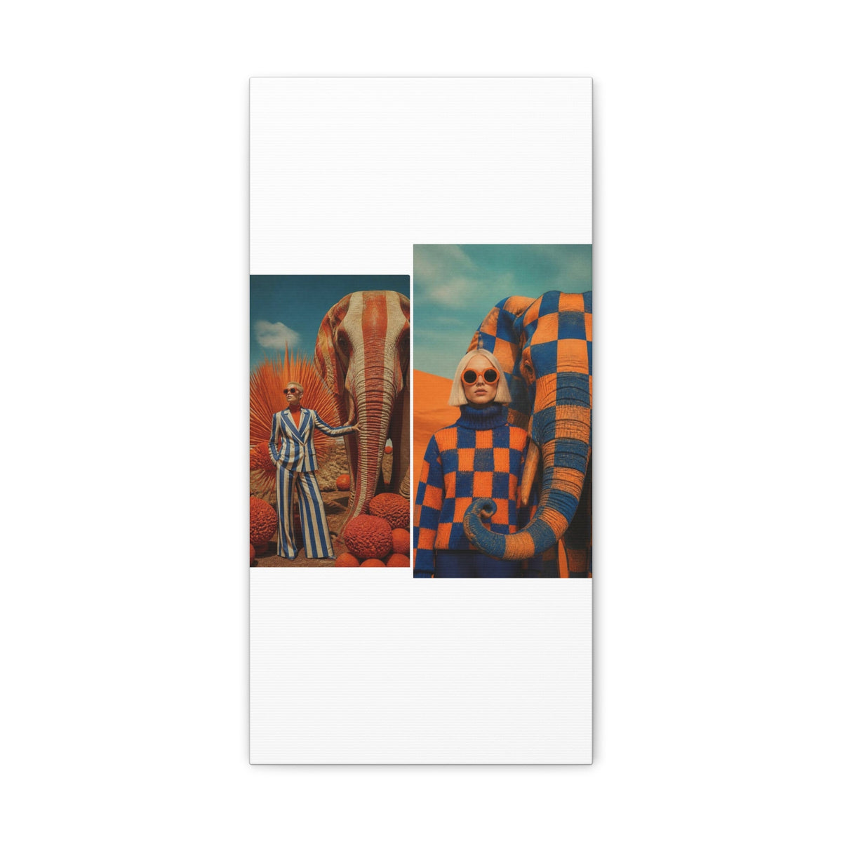 PURETE matte stretched canvas featuring a surreal collage of a woman in a striped suit and a woman in a checkered sweater