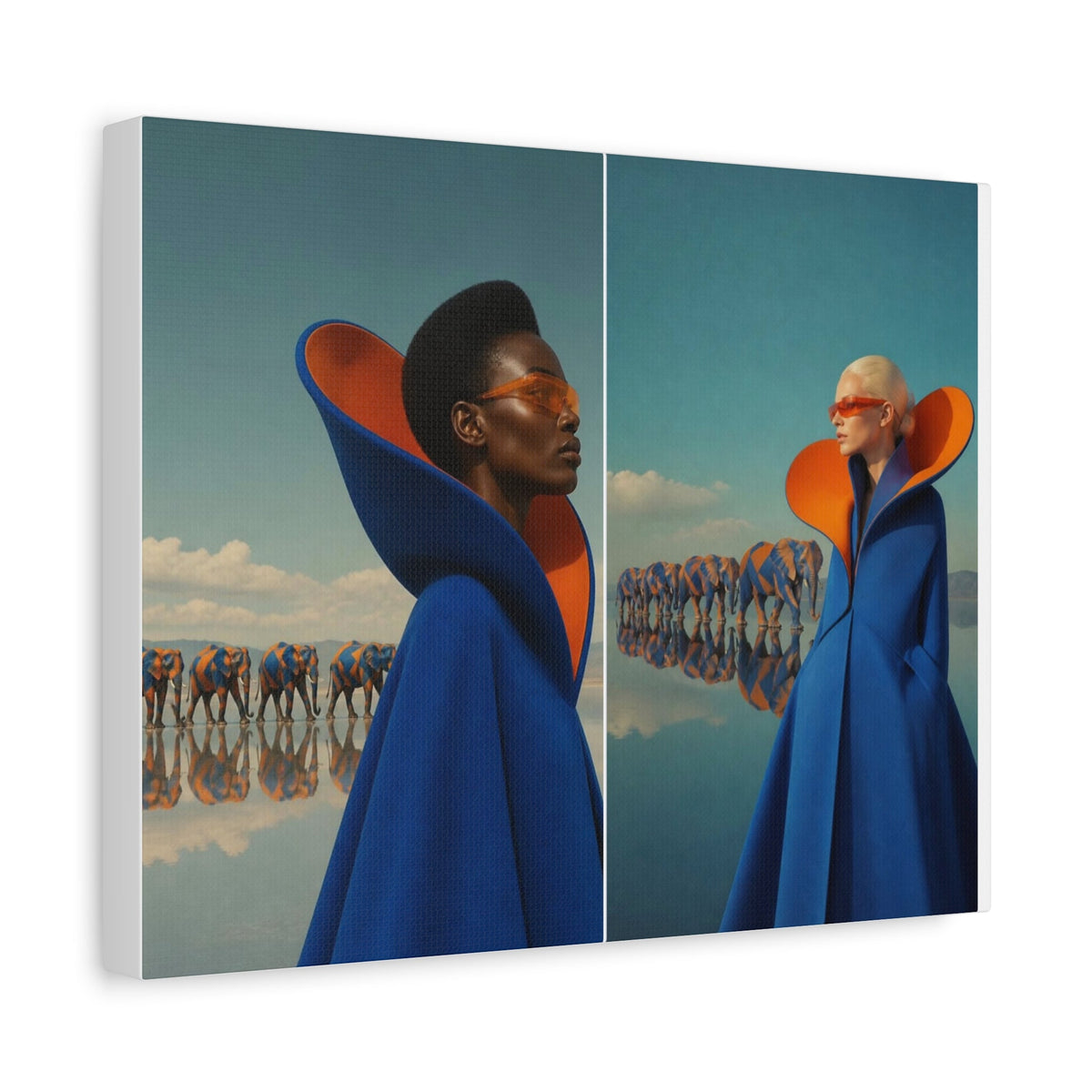 PURETE matte stretched canvas featuring a surreal diptych of two women in blue coats and orange collars with elephants.