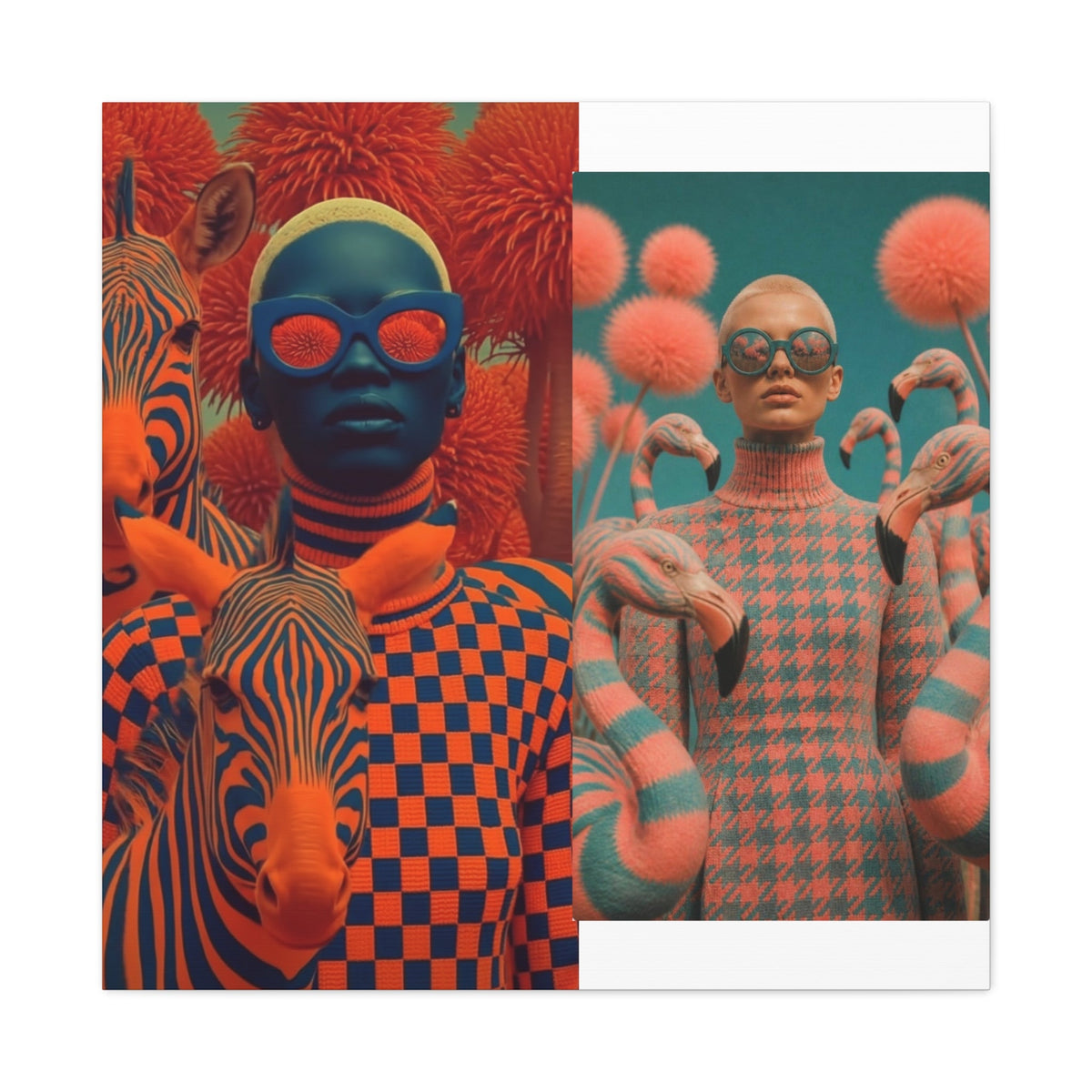 PURETE matte canvas featuring a split-screen surreal art print of two models surrounded by zebras and flamingos.