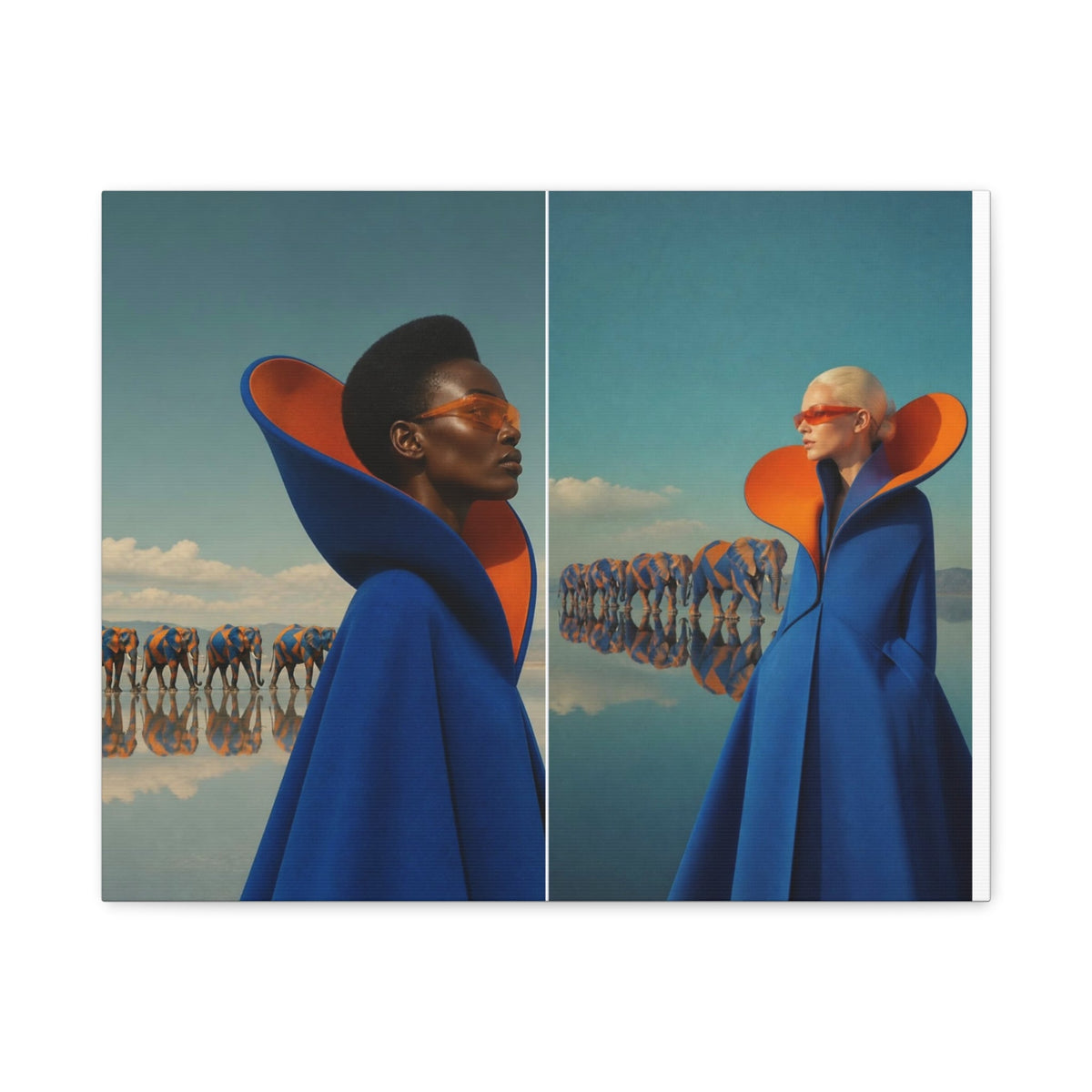 PURETE matte canvas print featuring two models in blue capes with orange collars against a surreal elephant landscape.