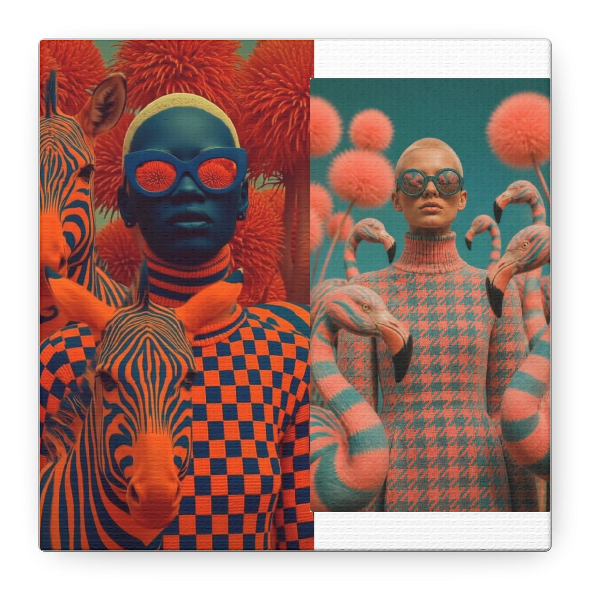 PURETE matte stretched canvas featuring a surreal split-screen collage of vibrant orange and blue patterned portraits.