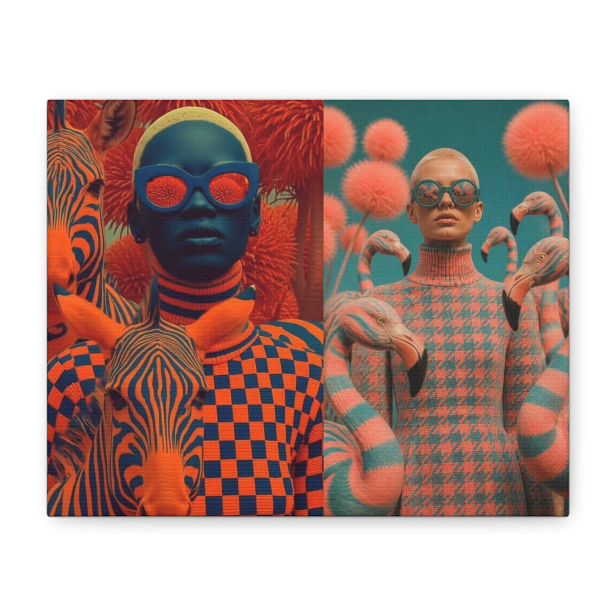 PURETE matte stretched canvas featuring a surreal split-screen collage of vibrant orange zebra and pink flamingo art.