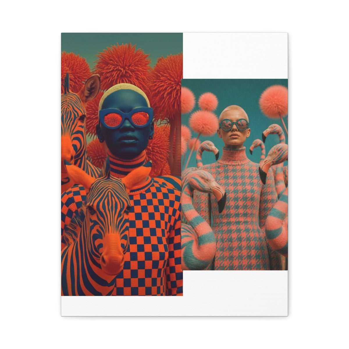 PURETE matte canvas featuring a split-screen surreal art print of models with zebras and flamingos in vibrant colors.