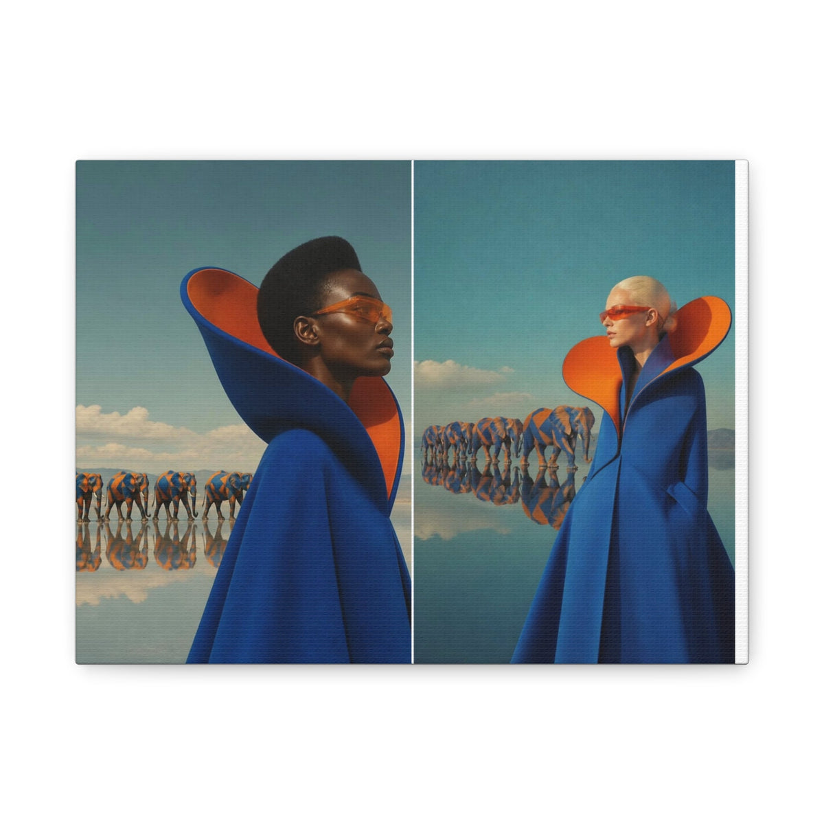 PURETE matte canvas print featuring two models in blue capes and orange glasses with elephants in a surreal landscape