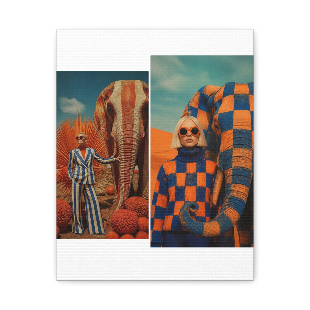 PURETE matte canvas featuring a collage of surreal fashion photography with models and elephants in vibrant colors.
