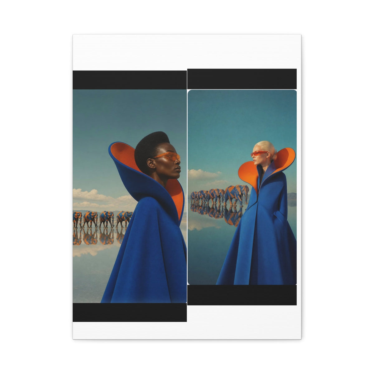 PURETE matte canvas featuring a surreal art print of two figures in blue capes with orange collars and elephants.