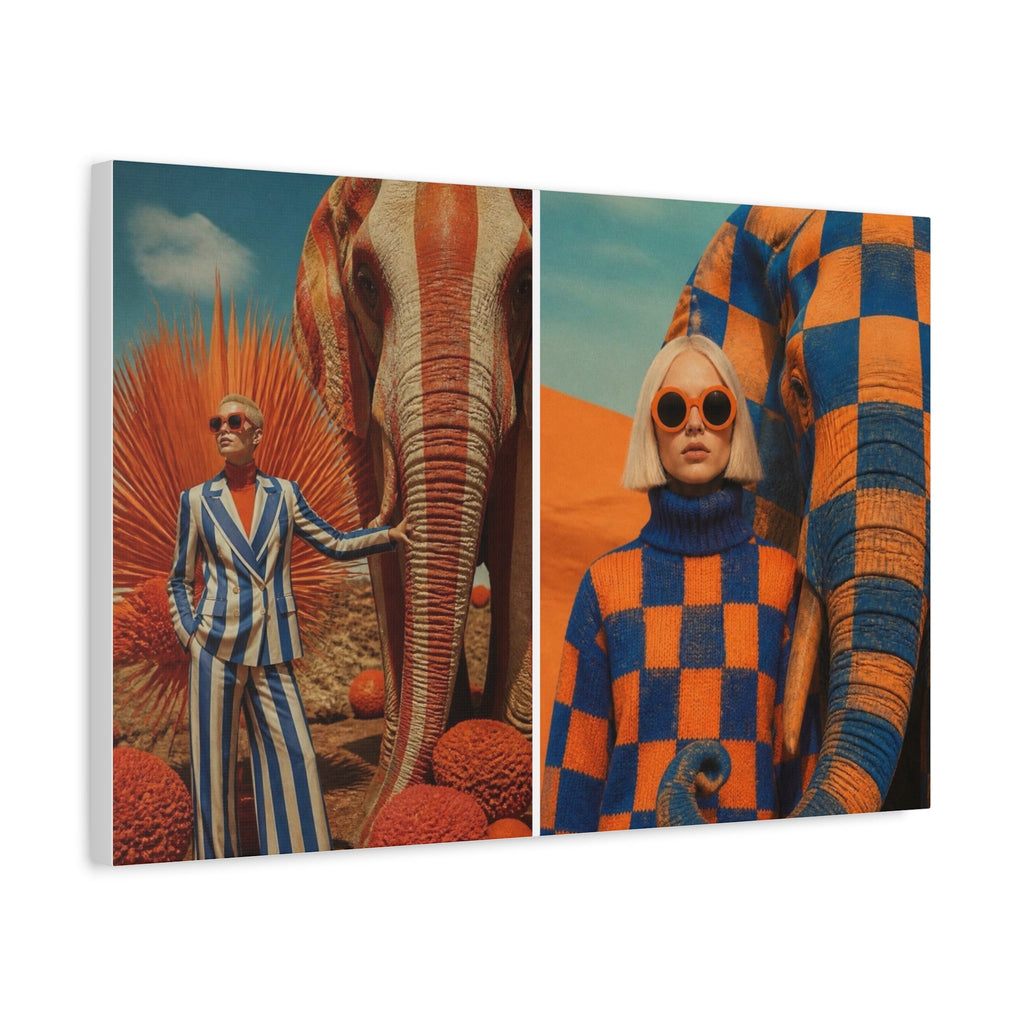 PURETE matte stretched canvas featuring a split-panel surreal art print of models with elephants in orange and blue.