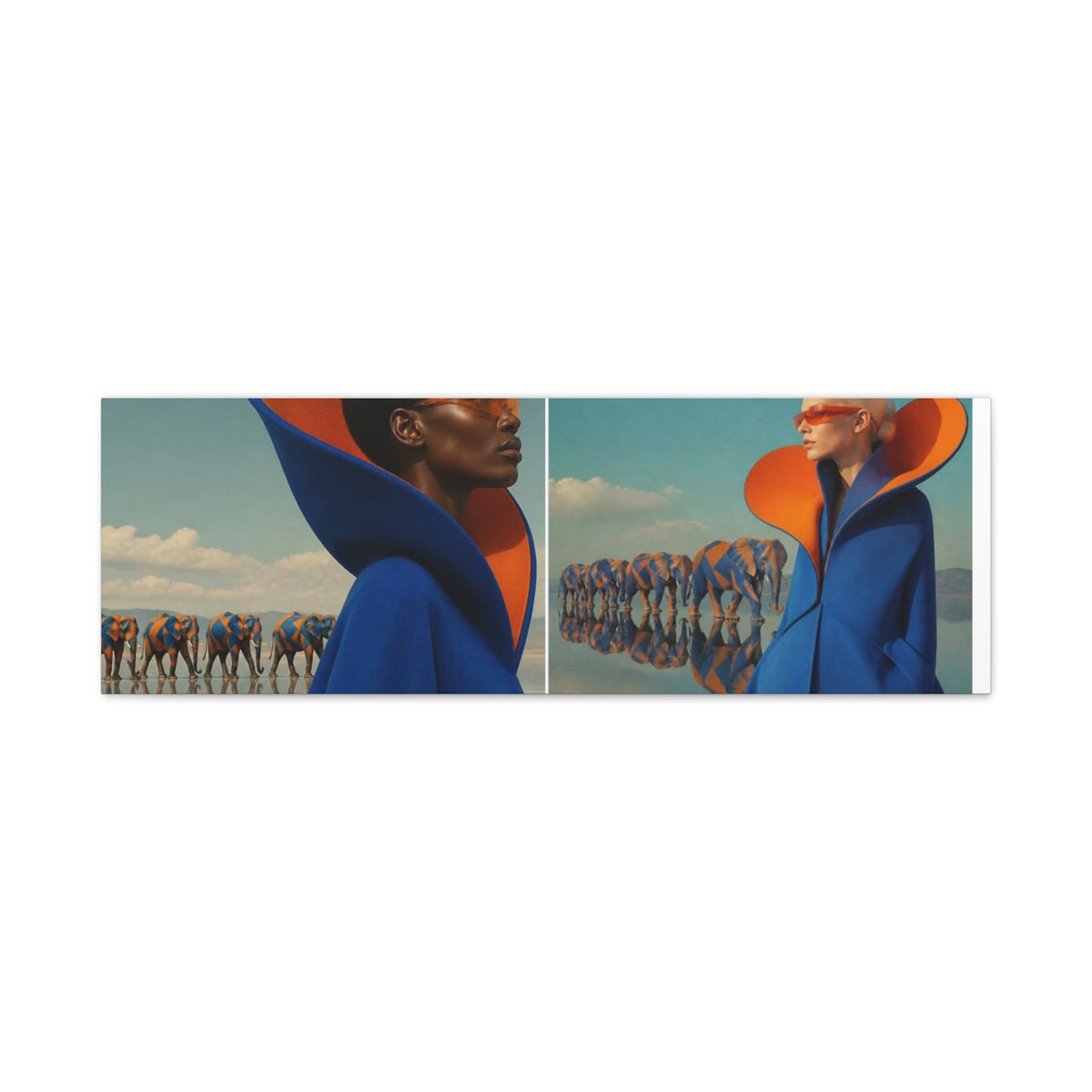 PURETE matte canvas featuring a split-panel surreal art print of models in blue coats with orange accents and elephants