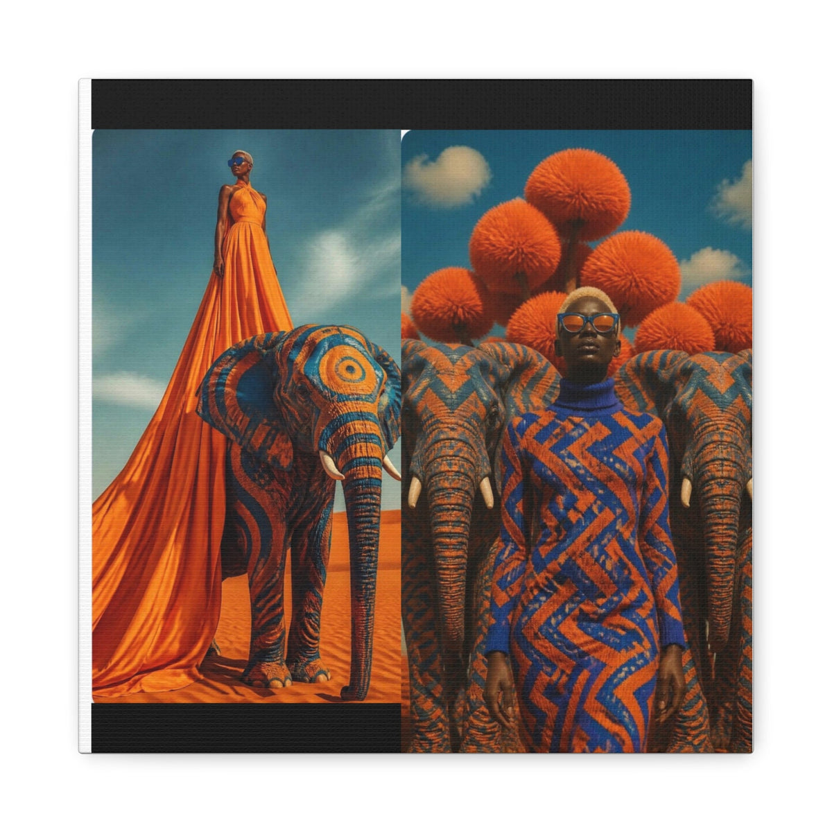 PURETE matte canvas featuring a split-screen artistic print of models and elephants in vibrant orange and blue tones.