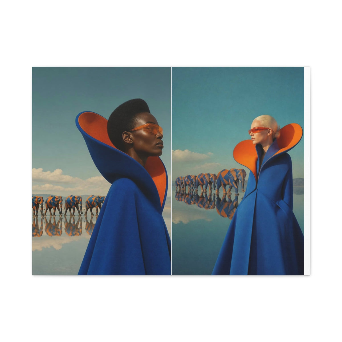 PURETE matte canvas featuring a surreal art print of two women in blue and orange capes with elephants in a desert.