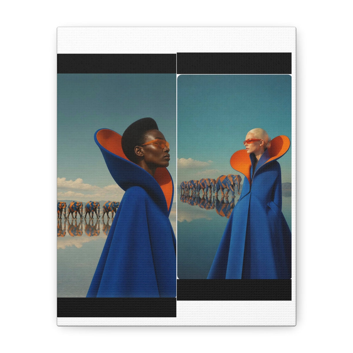 PURETE matte canvas featuring a surreal art print of two models in blue capes with orange collars near elephants.