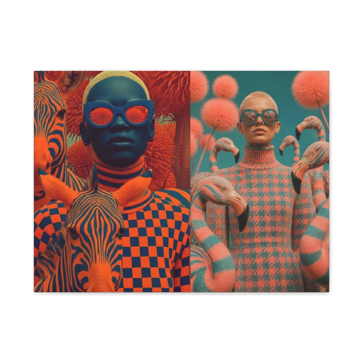 PURETE matte canvas featuring a split-screen surreal art print of a zebra-patterned person and a flamingo-themed model.