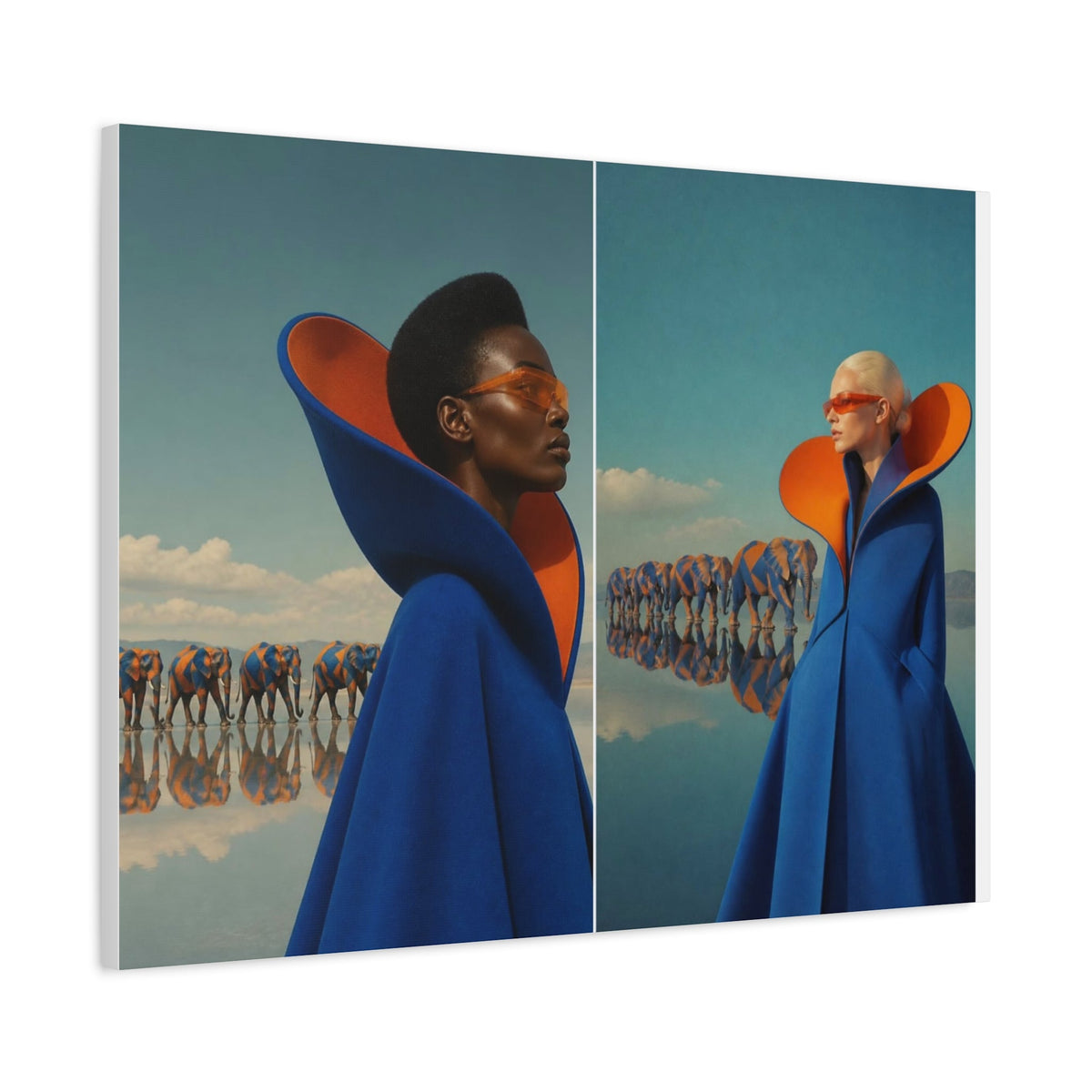 PURETE matte canvas featuring a split-view artistic print of two women in blue coats with orange collars and elephants