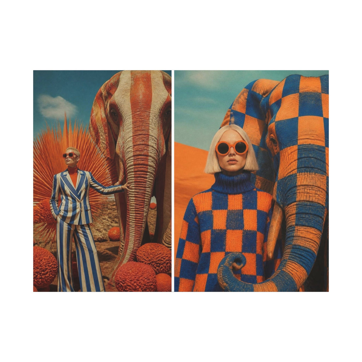 PURETE matte canvas print featuring surreal fashion photography with models and patterned elephants in a desert setting.