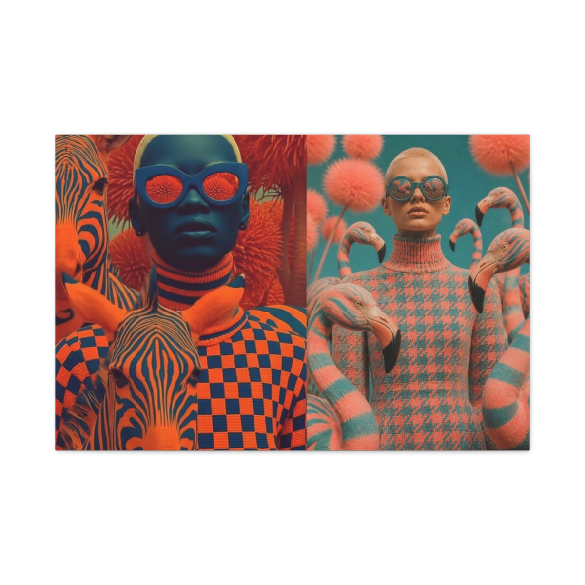 PURETE matte canvas featuring a surreal split-screen art print of two models surrounded by zebras and flamingos.