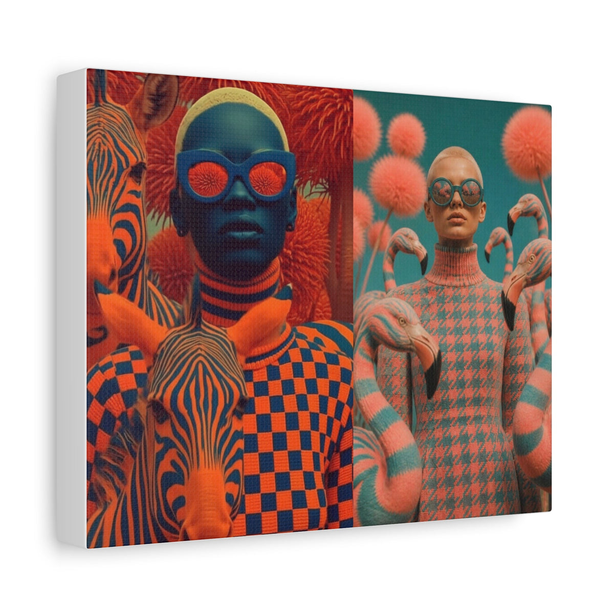 PURETE matte stretched canvas featuring a split-screen surreal art print of models with zebras and flamingos.
