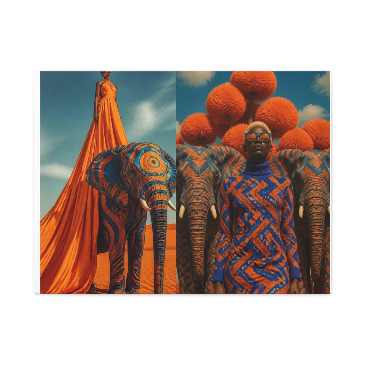 PURETE matte canvas featuring a surreal artistic print of models and elephants in vibrant orange and blue tones.