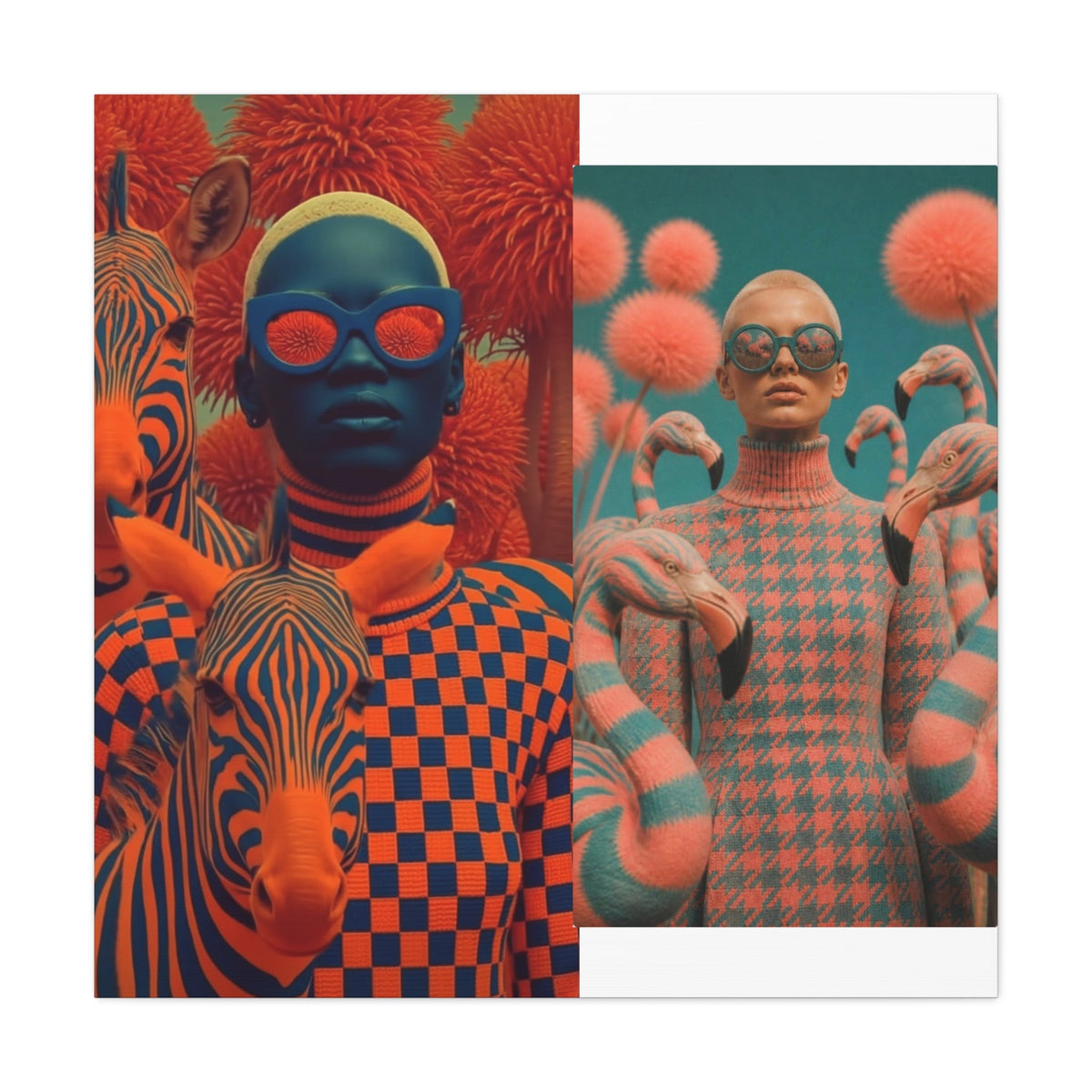 PURETE matte canvas featuring a split-screen surreal art print of models with zebras and flamingos in vibrant colors.