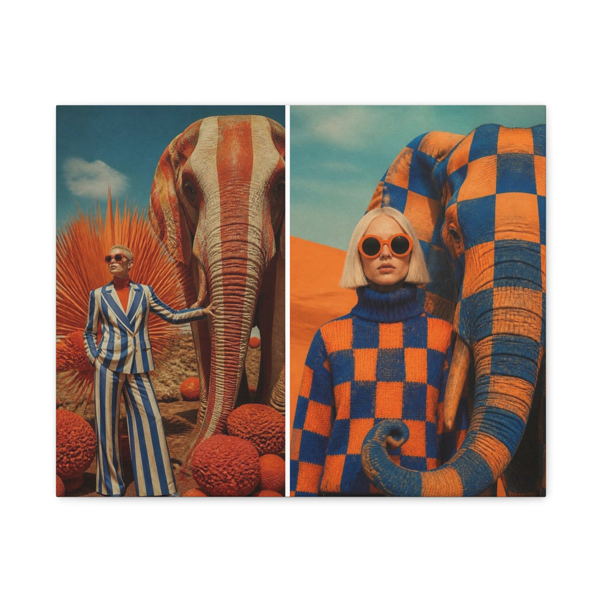 PURETE matte canvas featuring a split-view surreal art print of models with patterned elephants in a desert landscape.