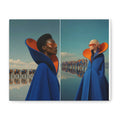 PURETE matte canvas print featuring two models in blue coats and orange collars with a surreal elephant landscape