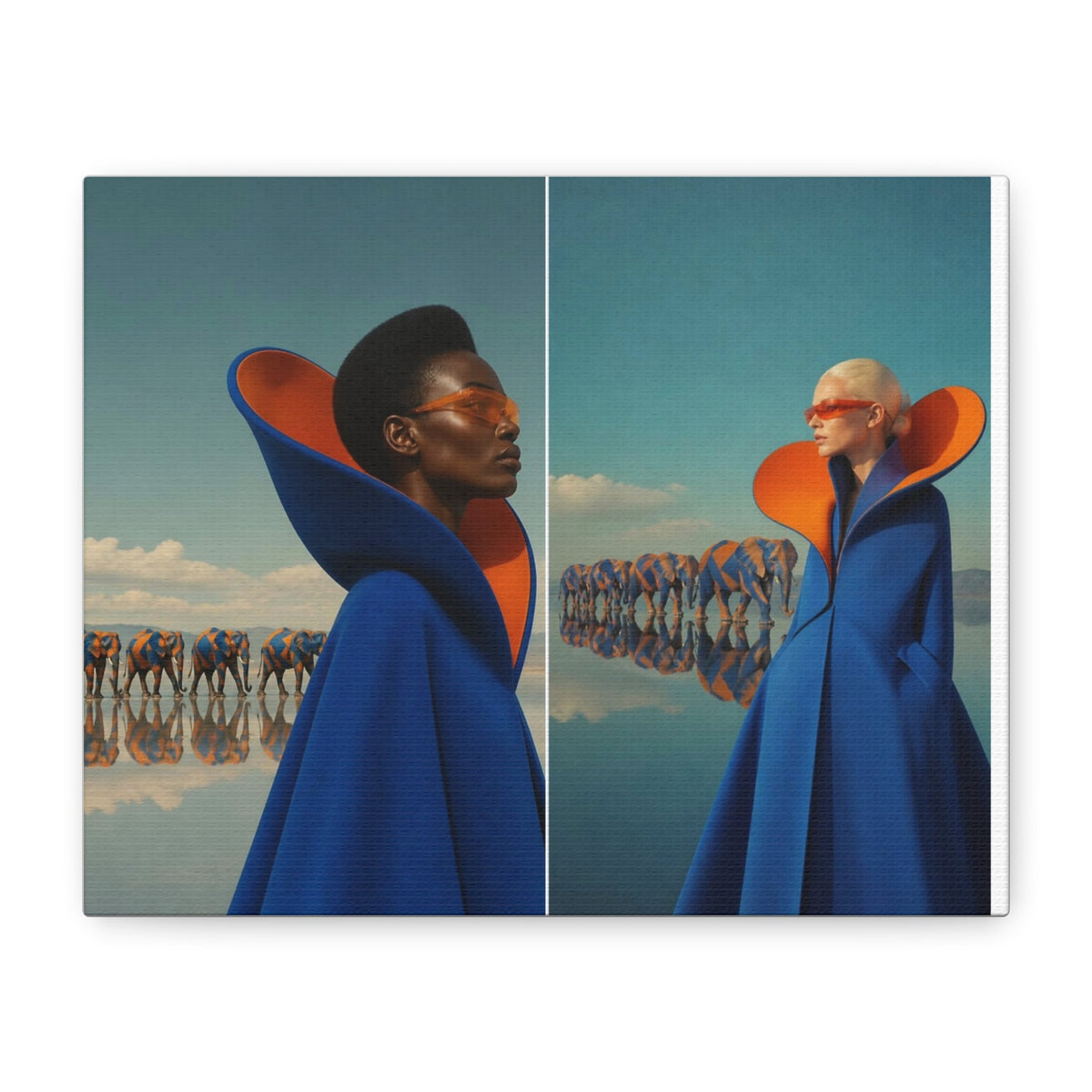 PURETE matte canvas print featuring two models in blue coats and orange collars with a surreal elephant landscape