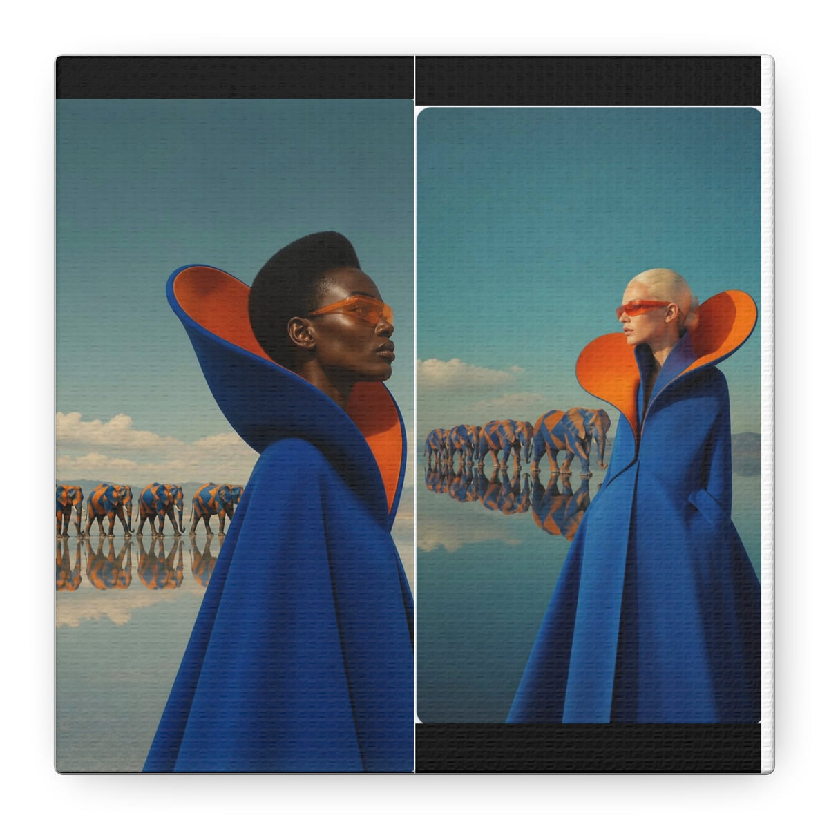 PURETE matte canvas featuring a surreal art print of two women in blue and orange capes with elephants in a desert.