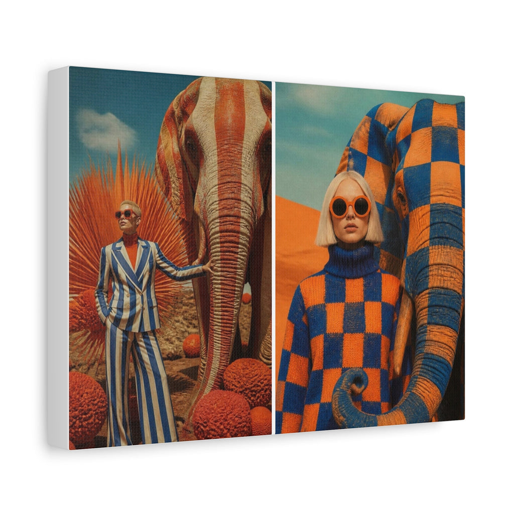 PURETE matte canvas featuring surreal fashion photography with models and elephants in a vibrant desert landscape.